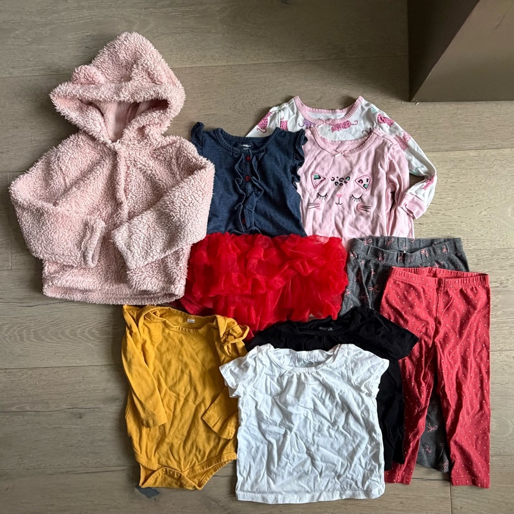 18-24M Girls Mixed Outfit Bundle - Pink Teddy Hoodie, Assorted Tops & Pants